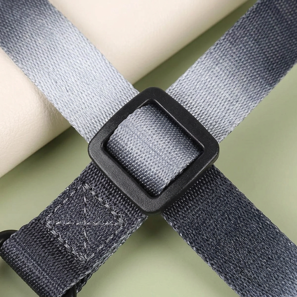 Close-up of grey-black webbing, stitching and black adjustment slider