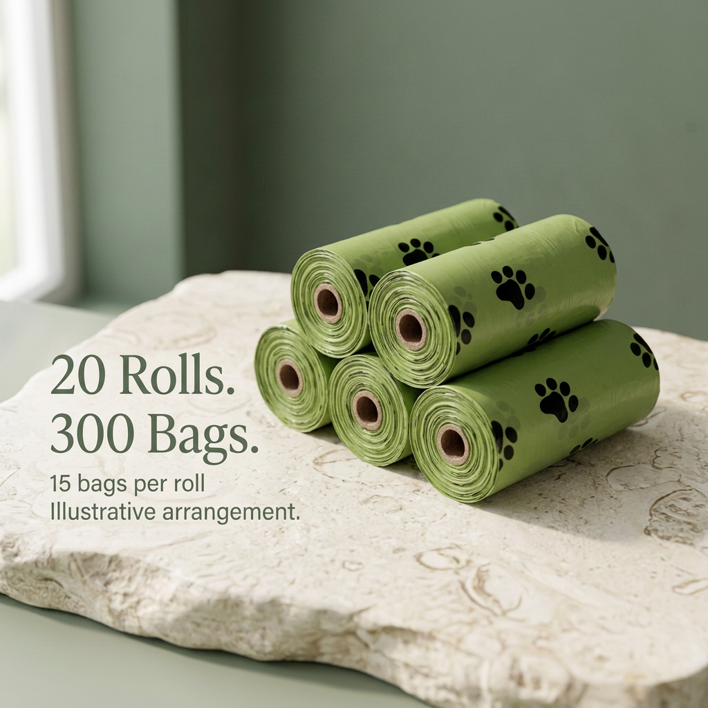 Illustrative bundle of green waste bag rolls labeled 20 Rolls and 300 Bags