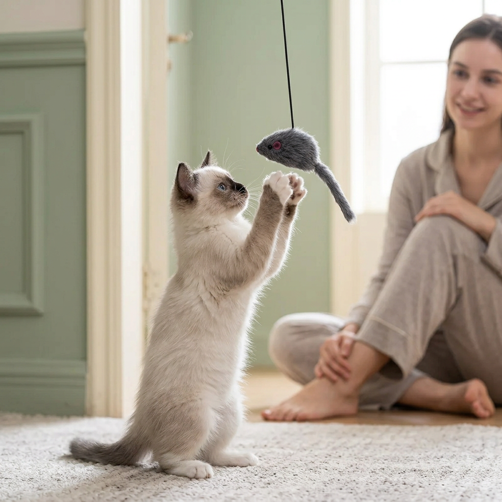 Ragdoll cat reaching up for the hanging gray mouse toy with an adult supervising