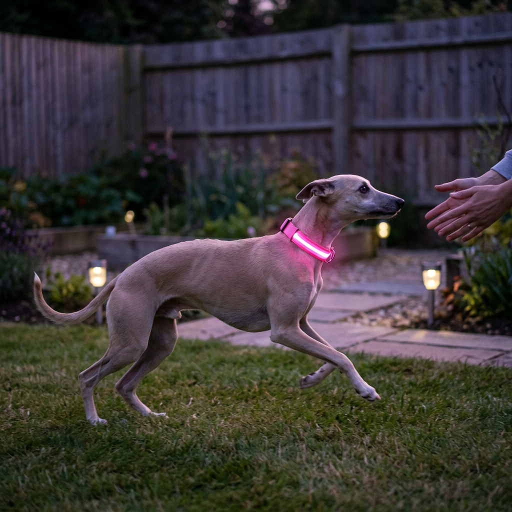 Whippet playing in a fenced garden at twilight wearing a pink LED dog collar