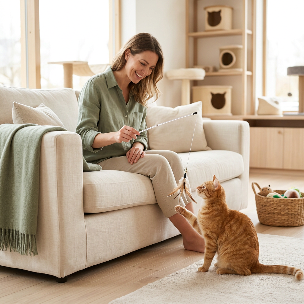 Owner engaging a ginger cat with a feather teaser wand