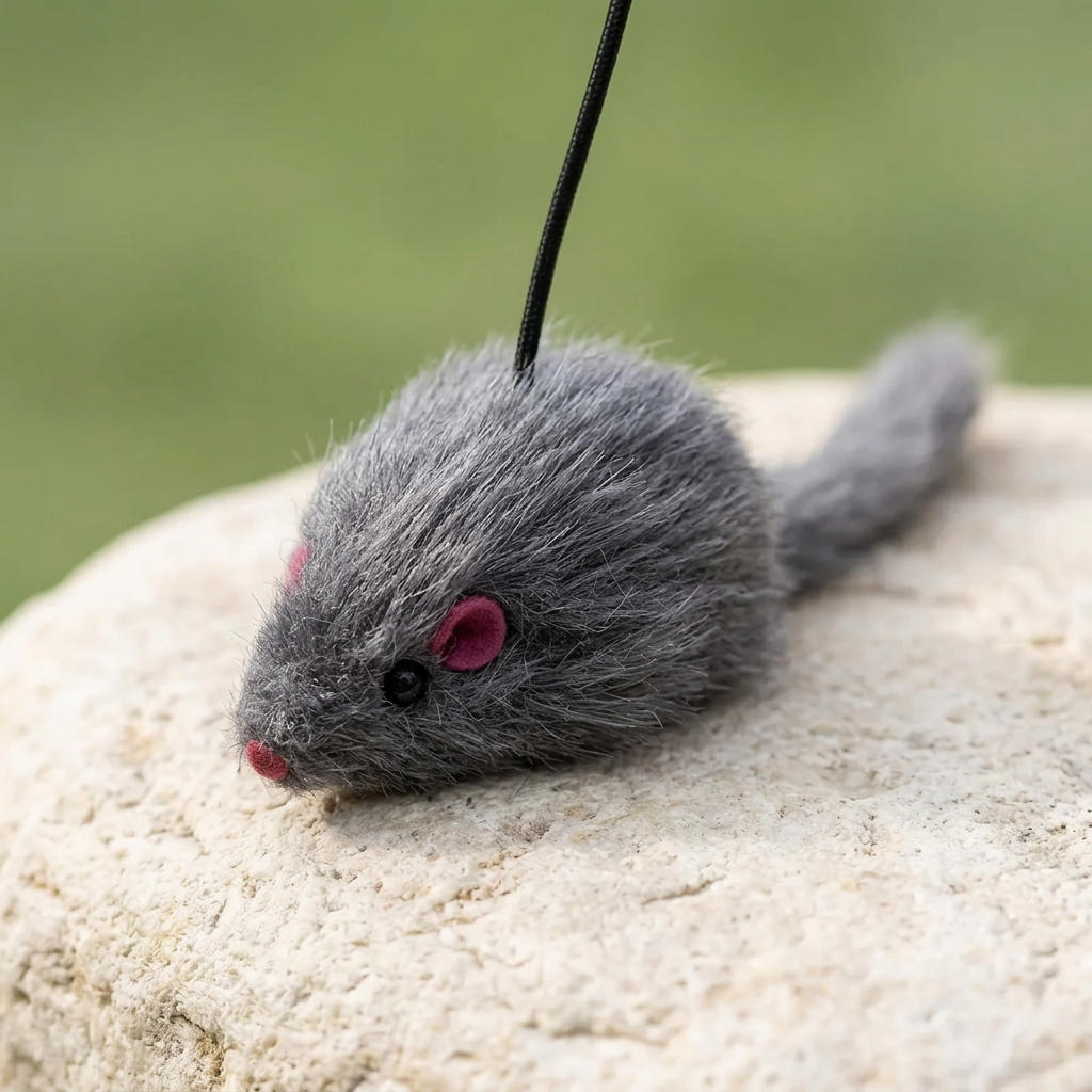 Close-up of dark gray fuzzy mouse lure with pink ears and nose
