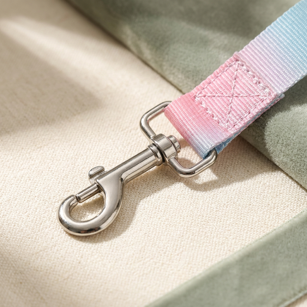 Close-up of silver swivel snap hook and pastel nylon webbing