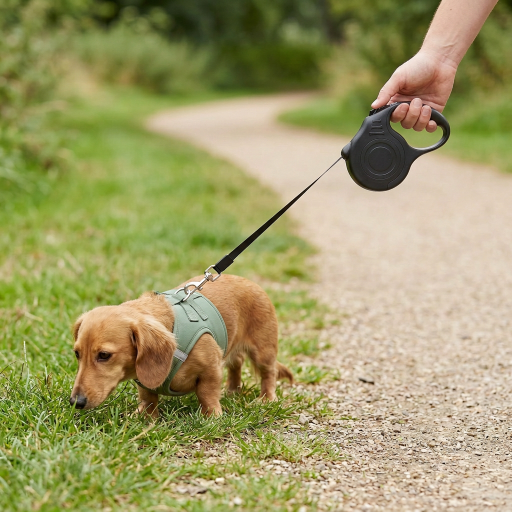 Dachshund sniffing grass with a black retractable leash clipped to a sage harness