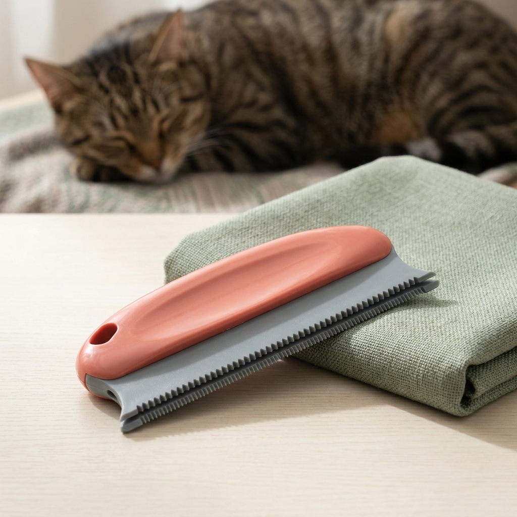 Coral hair remover beside folded fabric with a resting cat behind