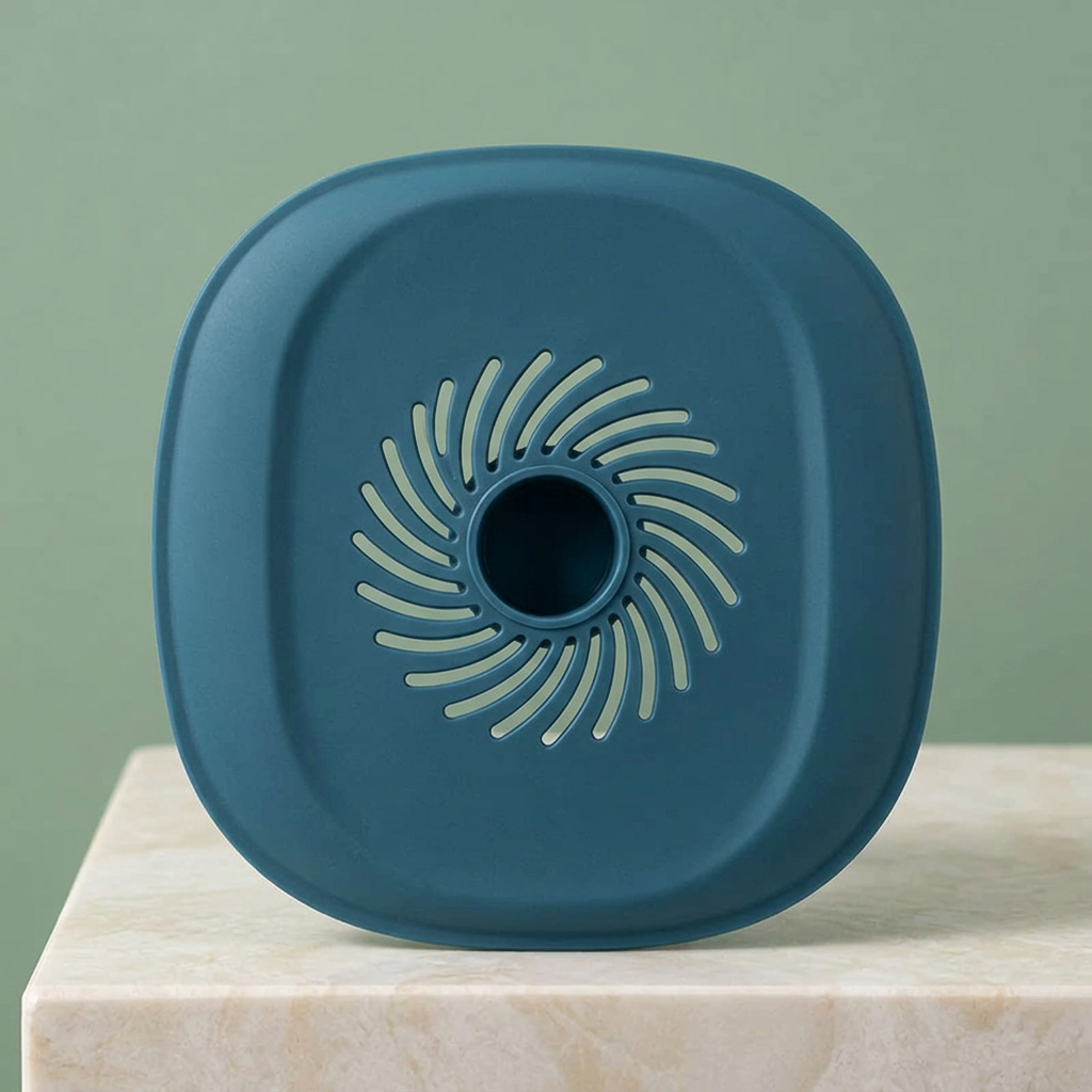 Underside view of a blue drain hair catcher showing swirl slots and central opening
