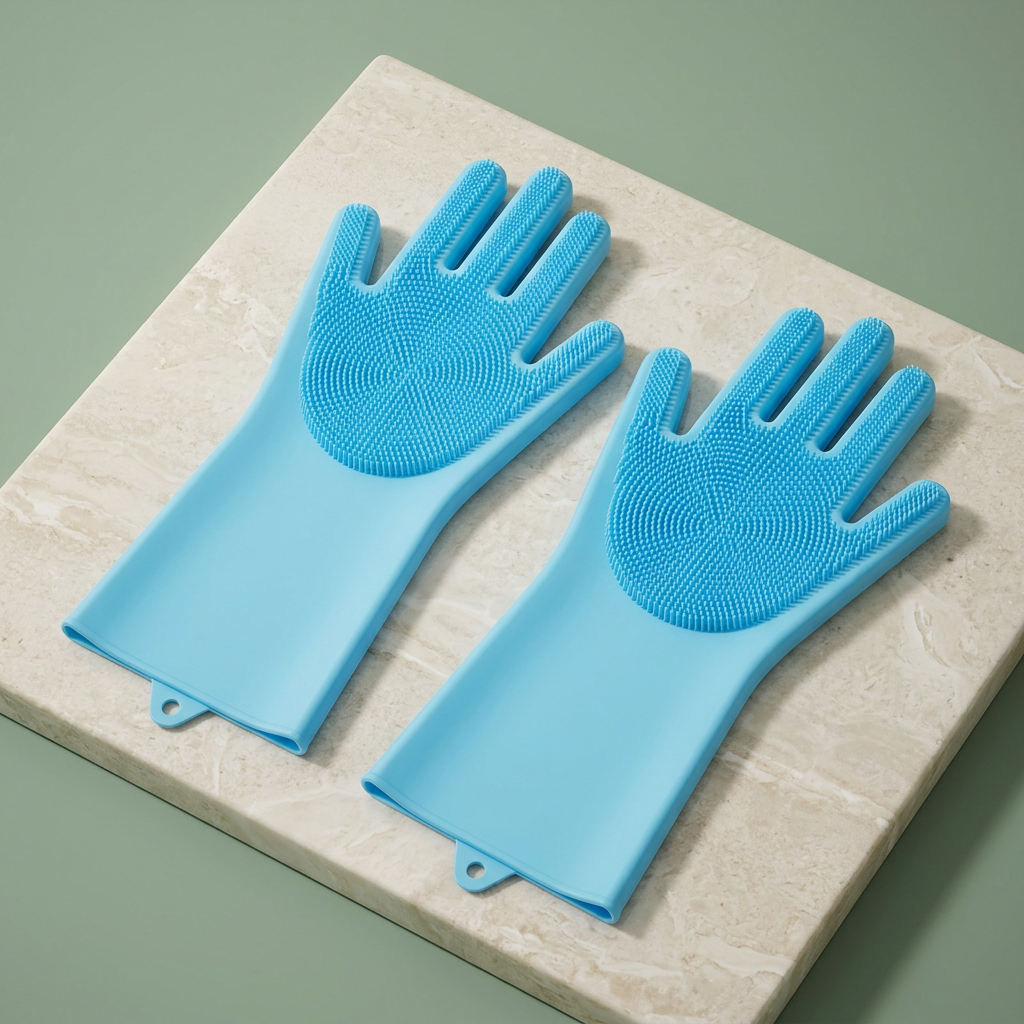 Pair of blue long-cuff pet grooming gloves with bristled palms on ivory stone