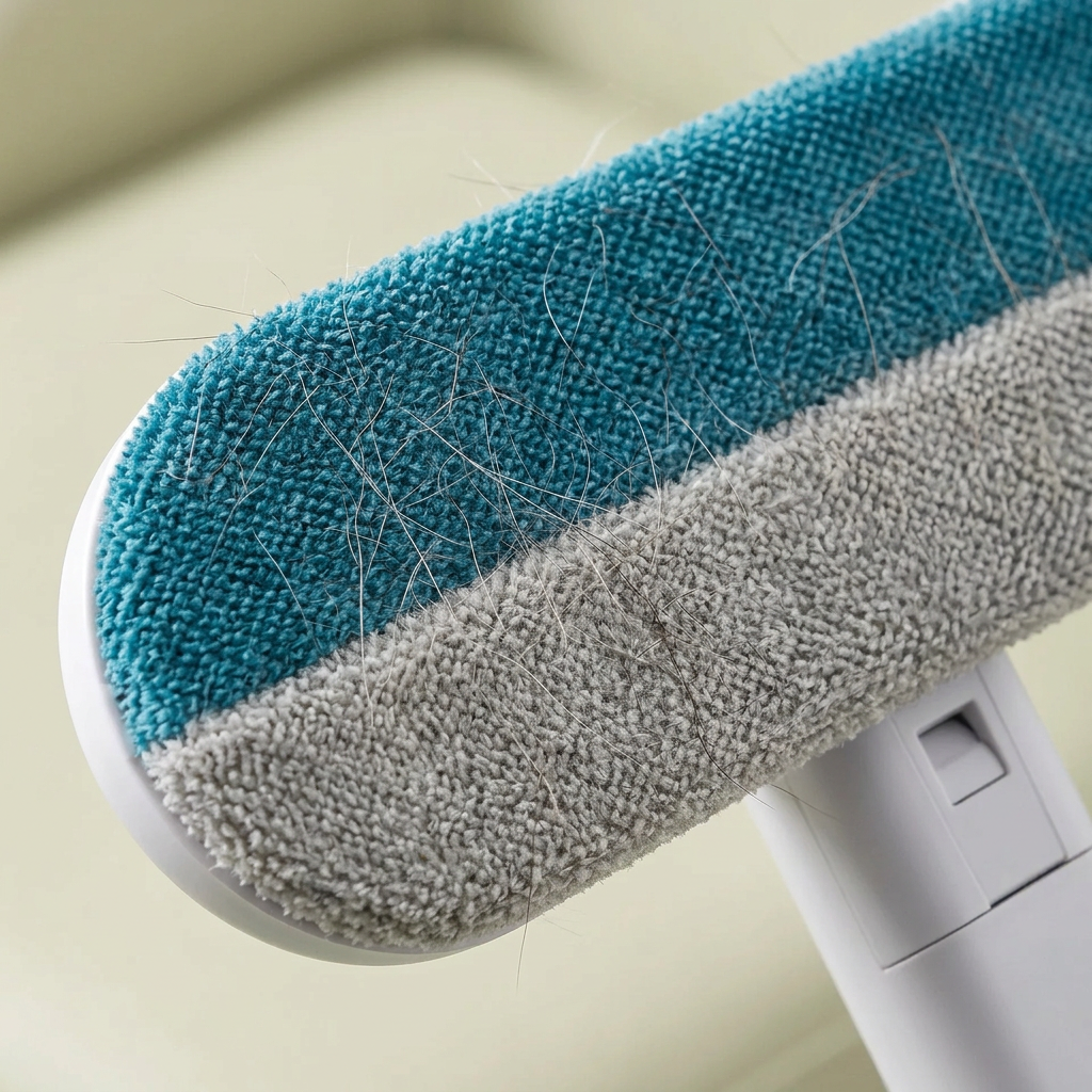 Close-up of textured turquoise and grey cleaning surface collecting loose hair