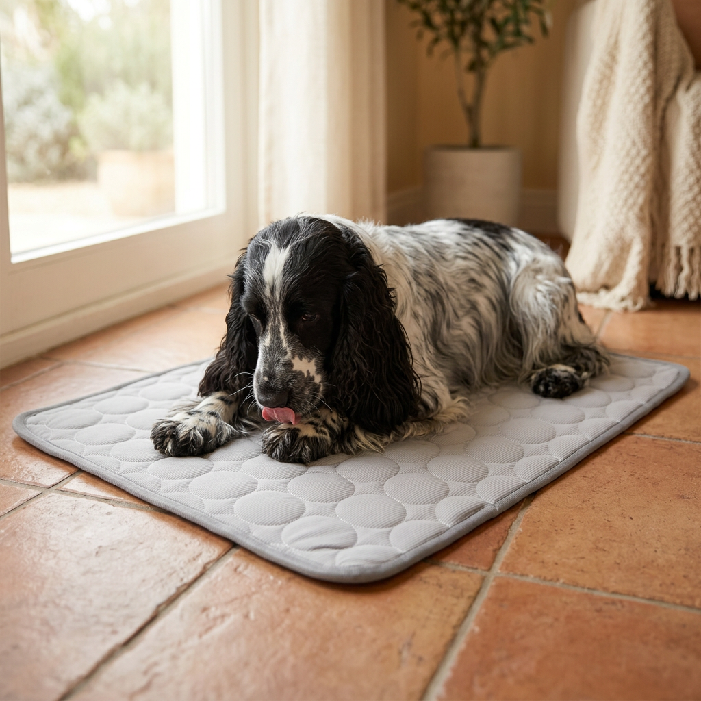 Cocker spaniel grooming a paw on a grey pet mat