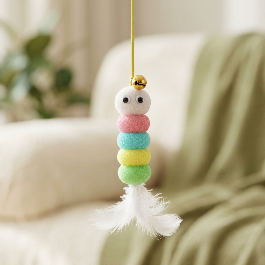 Close-up of colorful fuzzy caterpillar lure with bell and white feather tail