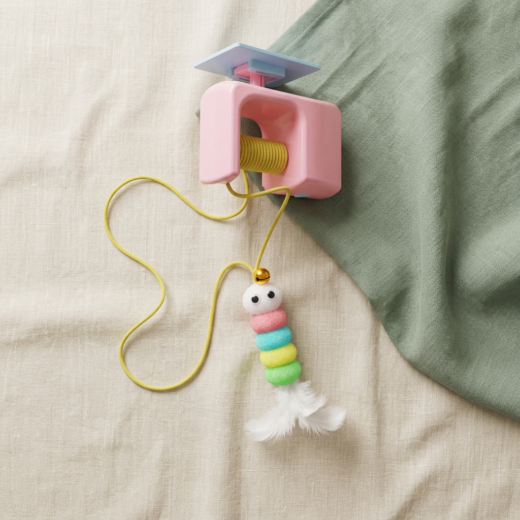 Pink motorized cat toy and caterpillar feather lure arranged on ivory linen