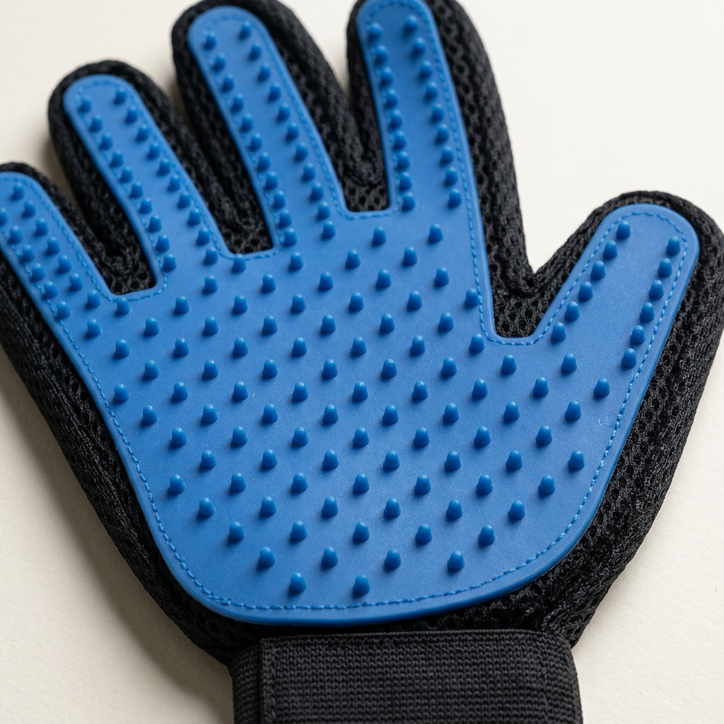 Close-up of blue grooming tips and stitched palm edge