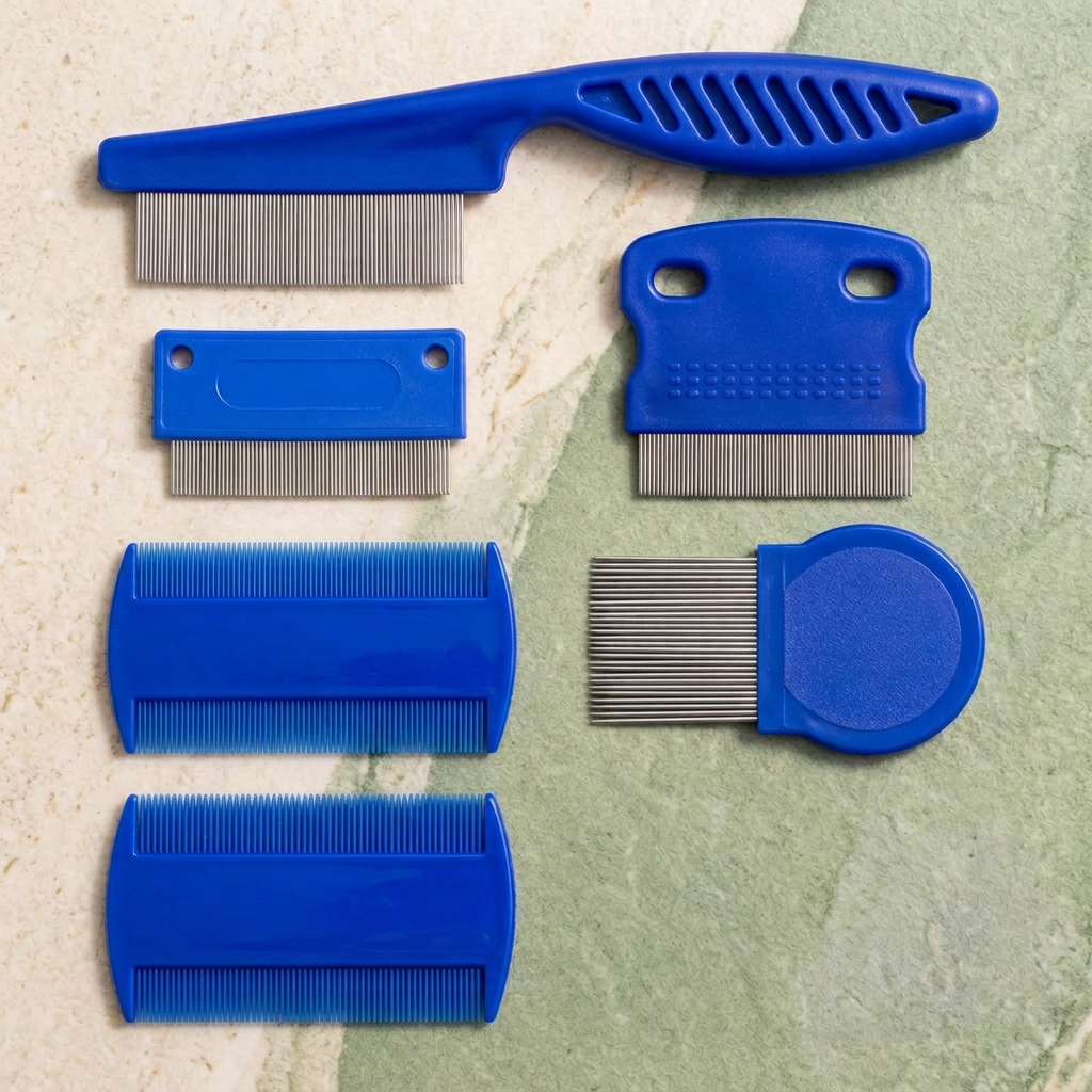 Six-piece blue pet grooming comb set with handled compact and double-sided combs