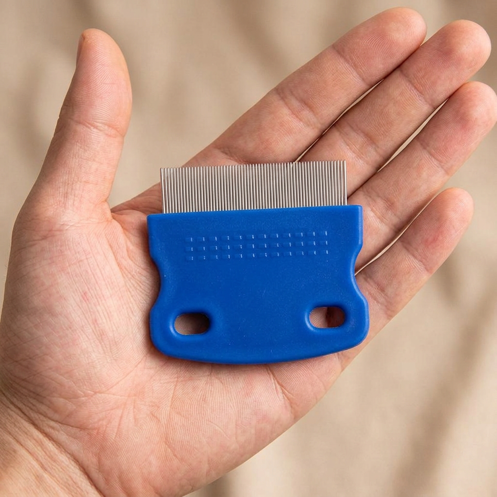 Compact blue two-hole flea comb resting in an open palm