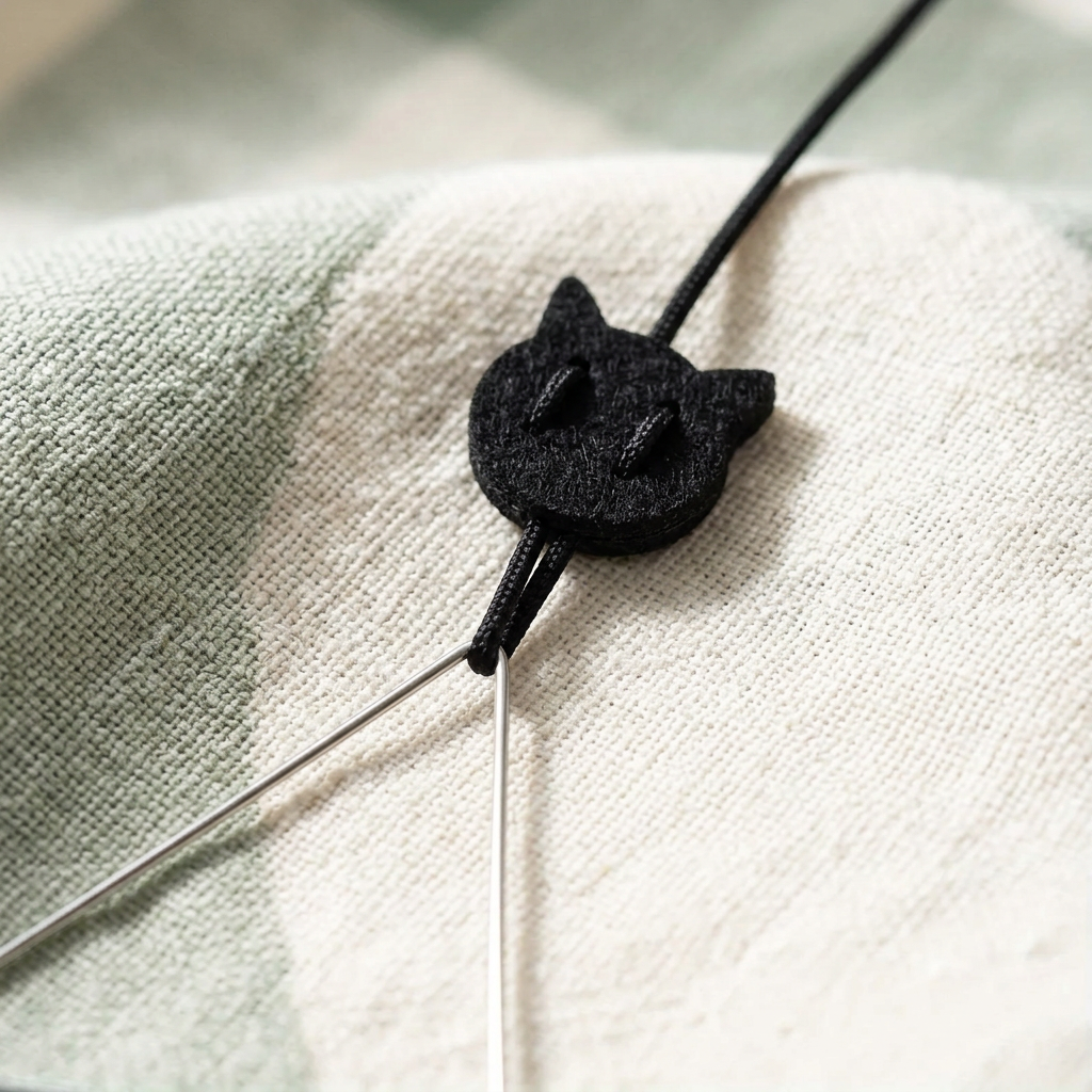 Black cat-head-shaped cord adjustment slider detail