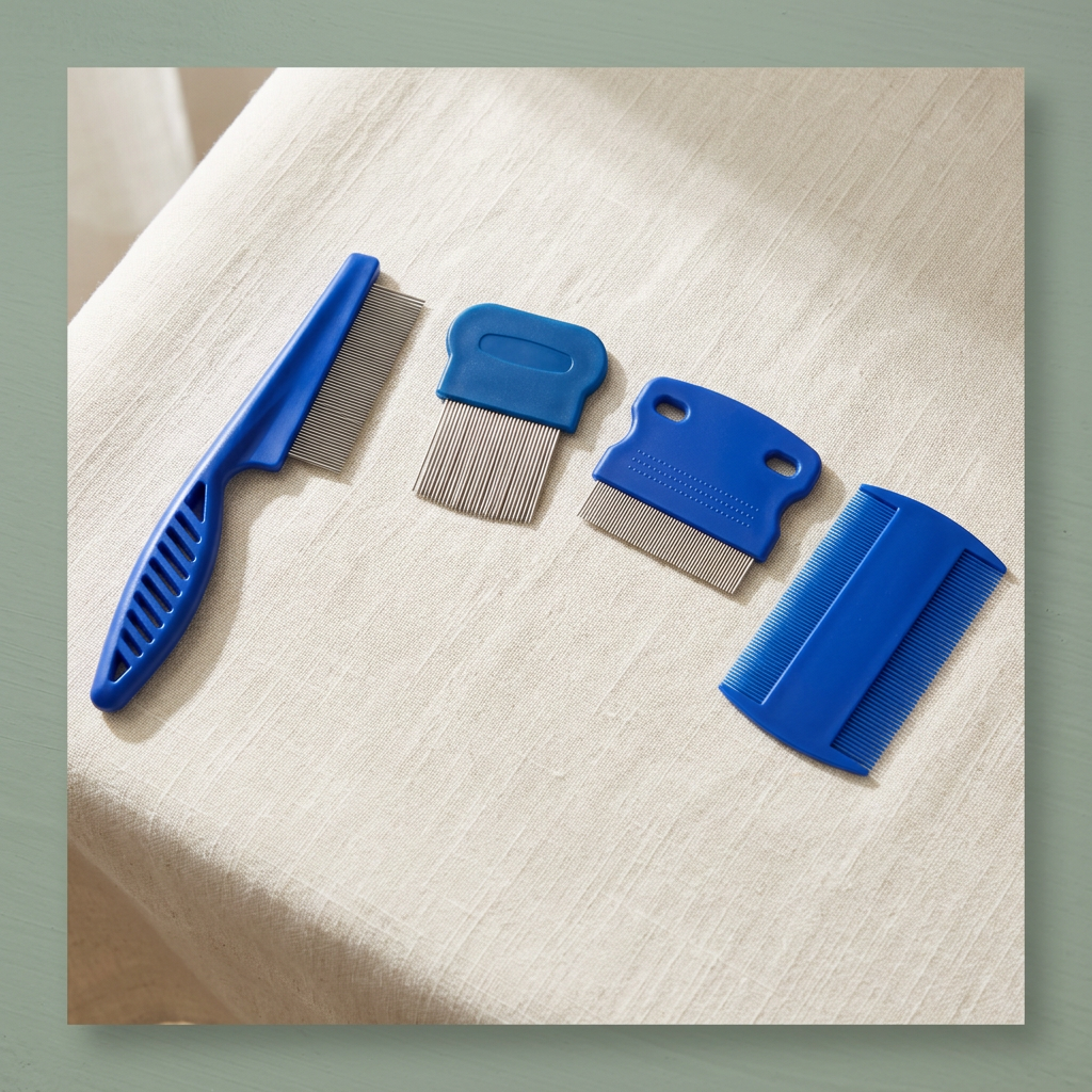 Four blue grooming combs arranged on cream linen