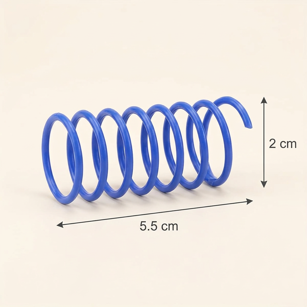 Blue spring toy with supplier dimensions of 5.5 cm long and 2 cm in diameter