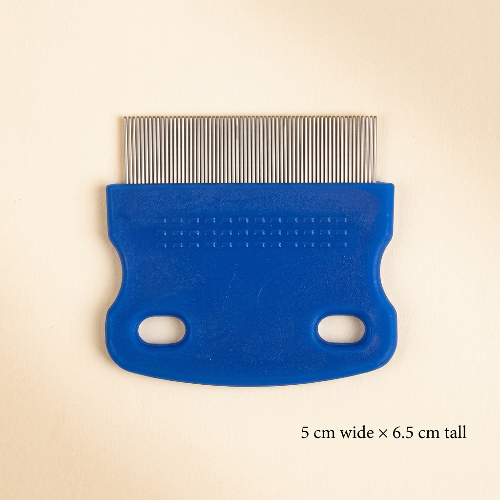 Blue two-hole comb with dimensions 5 cm wide and 6.5 cm tall