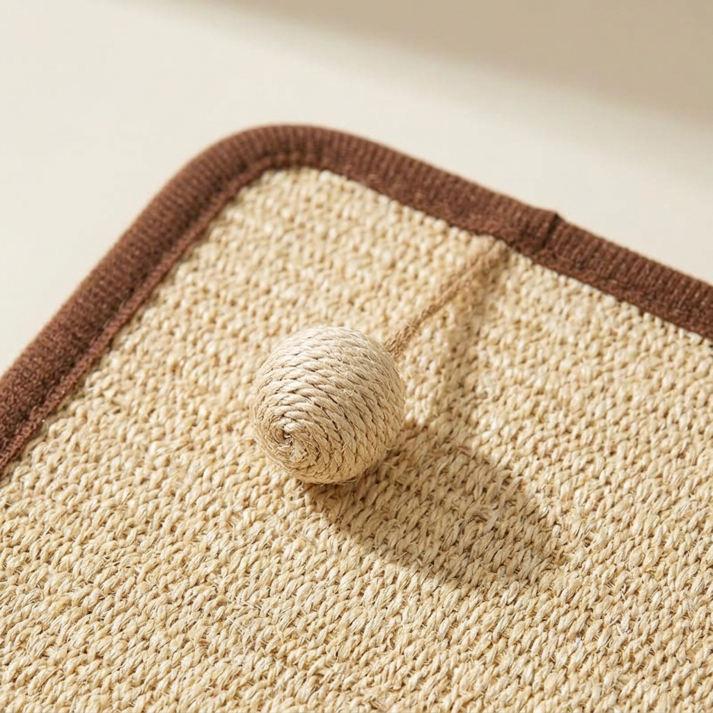 Rope-wrapped ball attached by a cord to the scratching pad
