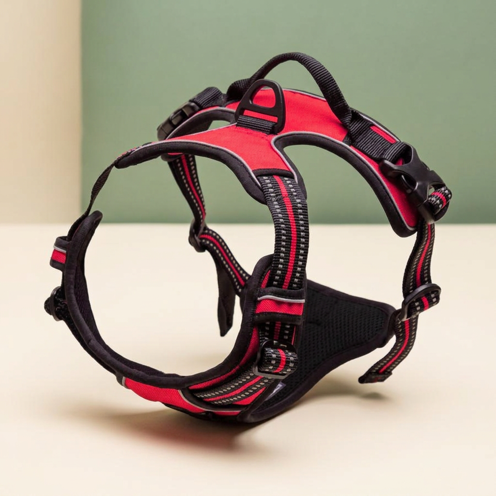 Red adjustable dog vest harness with black straps