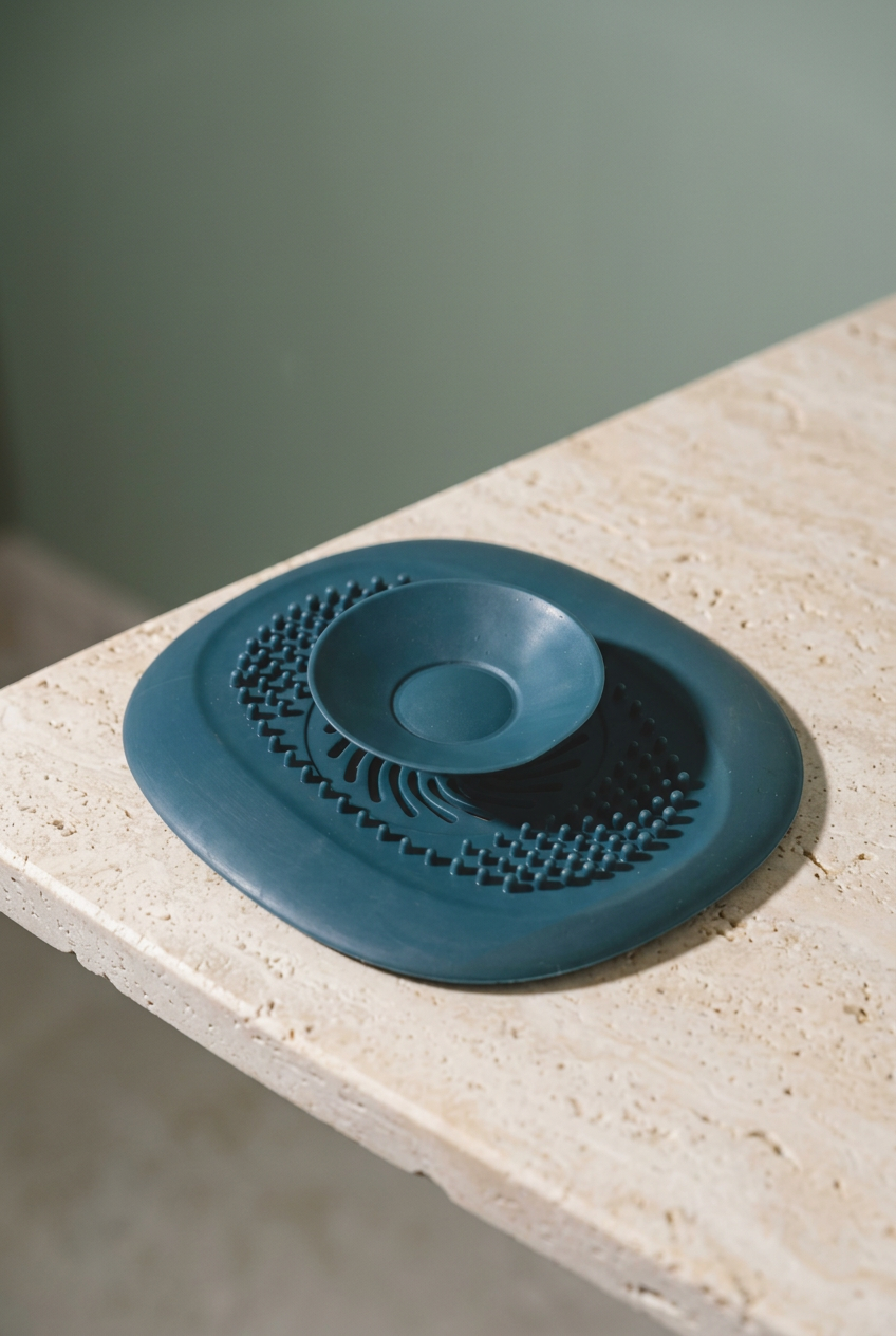 Portrait view of a blue drain hair catcher in an ivory and sage setting