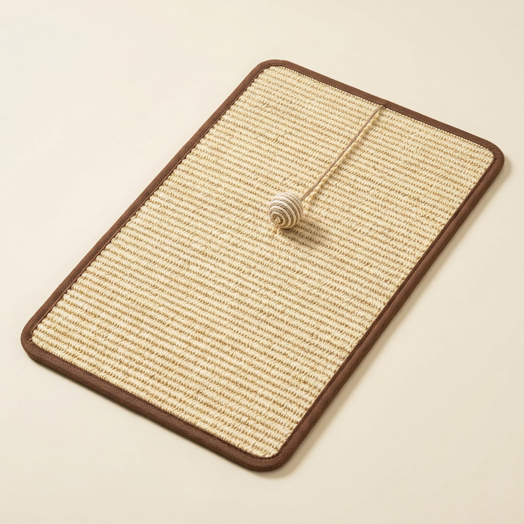Angled view of the beige sisal pad and attached ball