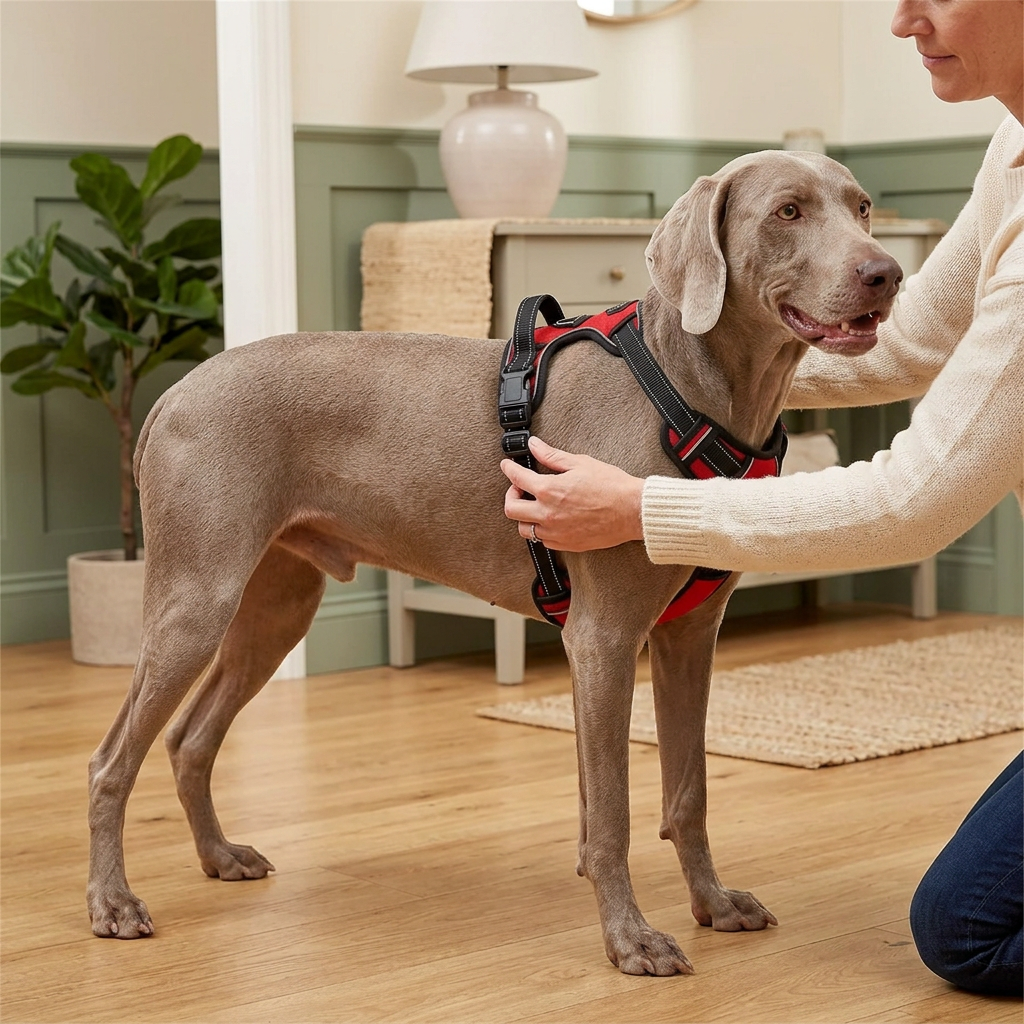 Owner checking the side strap fit of a red vest harness on a Weimaraner