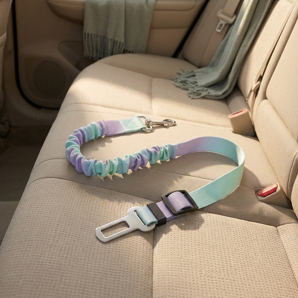 Mint and lavender tether resting unconnected on a beige rear car seat