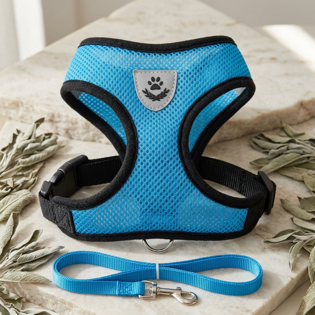 Blue size S mesh pet harness and matching blue leash