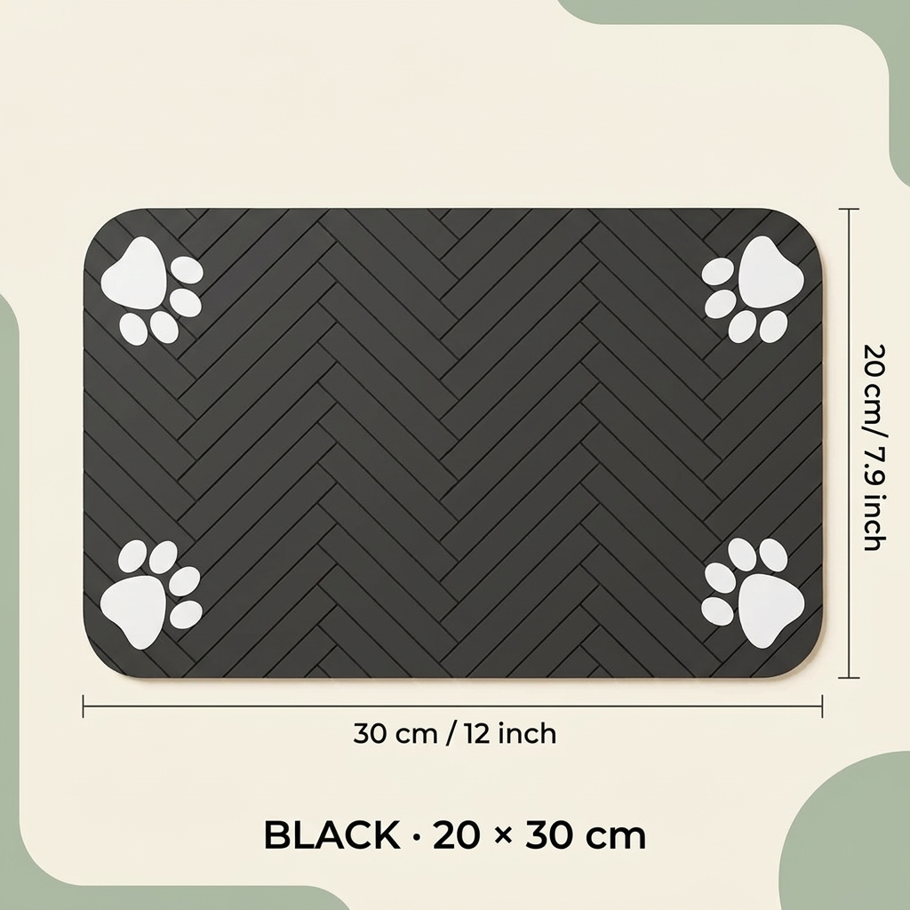 Black feeding mat size guide, 20 by 30 cm