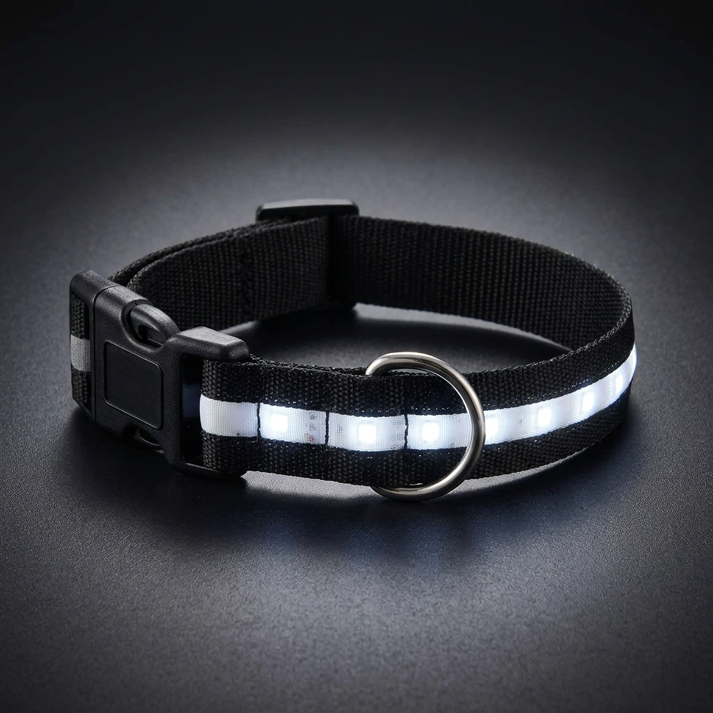 Black LED collar illuminated on a dark studio background