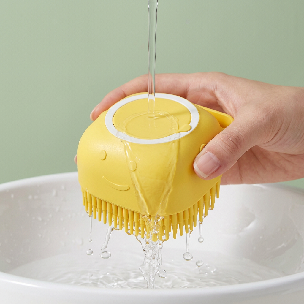 Yellow pet bathing brush rinsed over a white basin