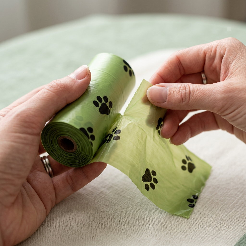 Adult hands separating a green paw-print waste bag from its roll