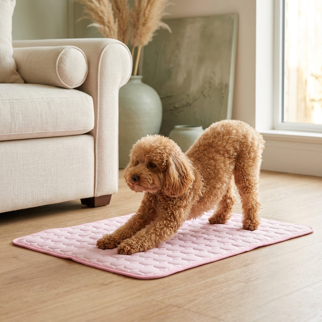 Apricot poodle stretching on a pink pet mat