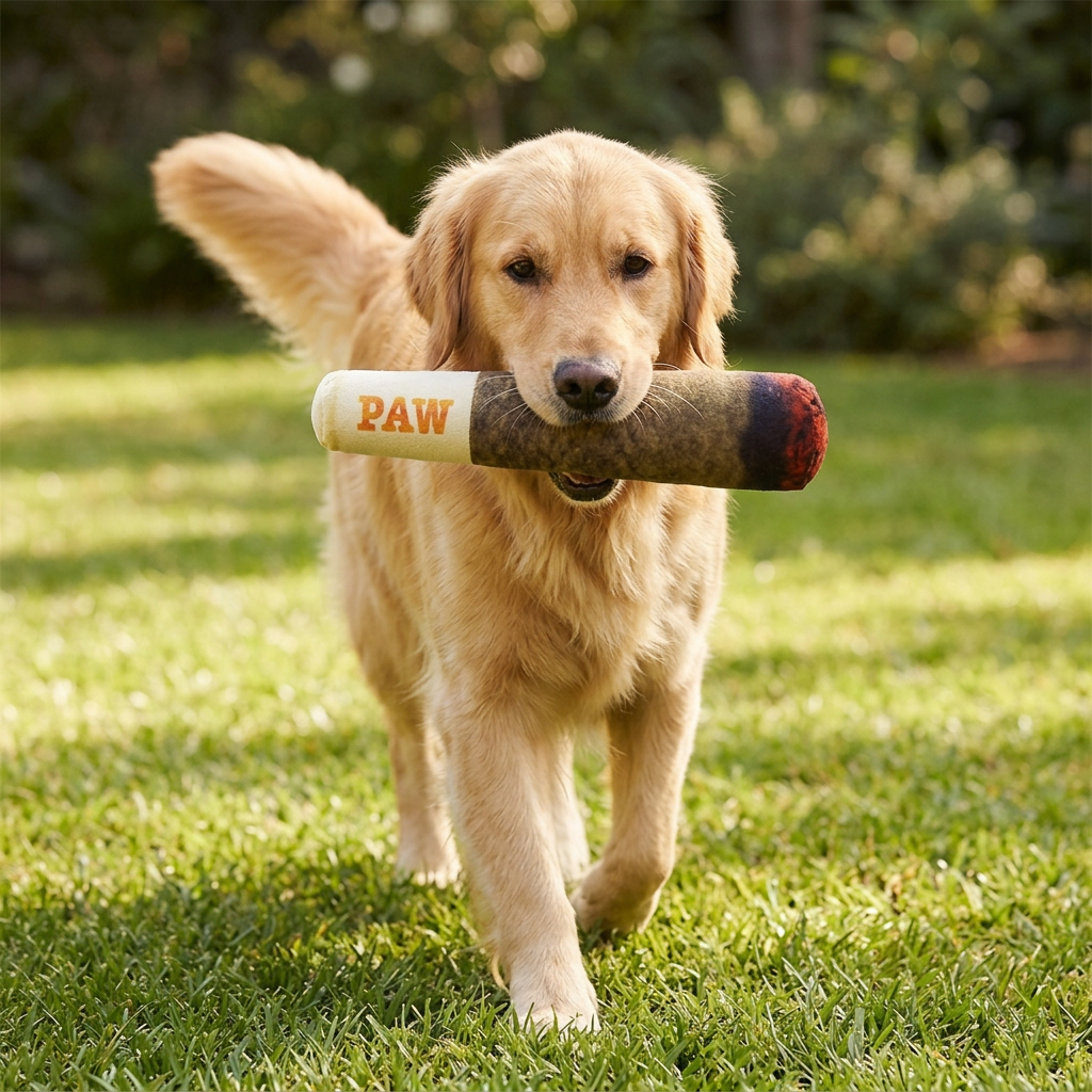 Golden retriever carrying PAW plush toy outdoors
