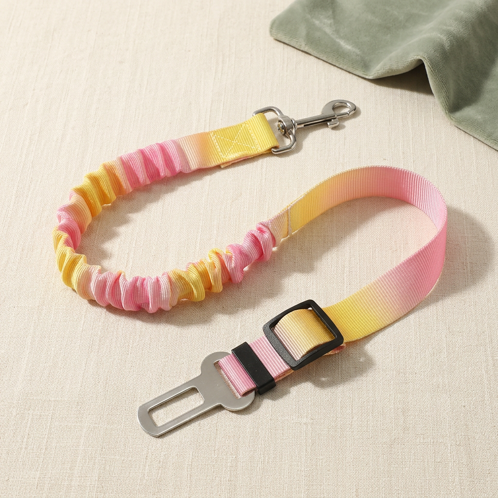 Yellow and pink gradient adjustable dog car tether with both metal connectors visible