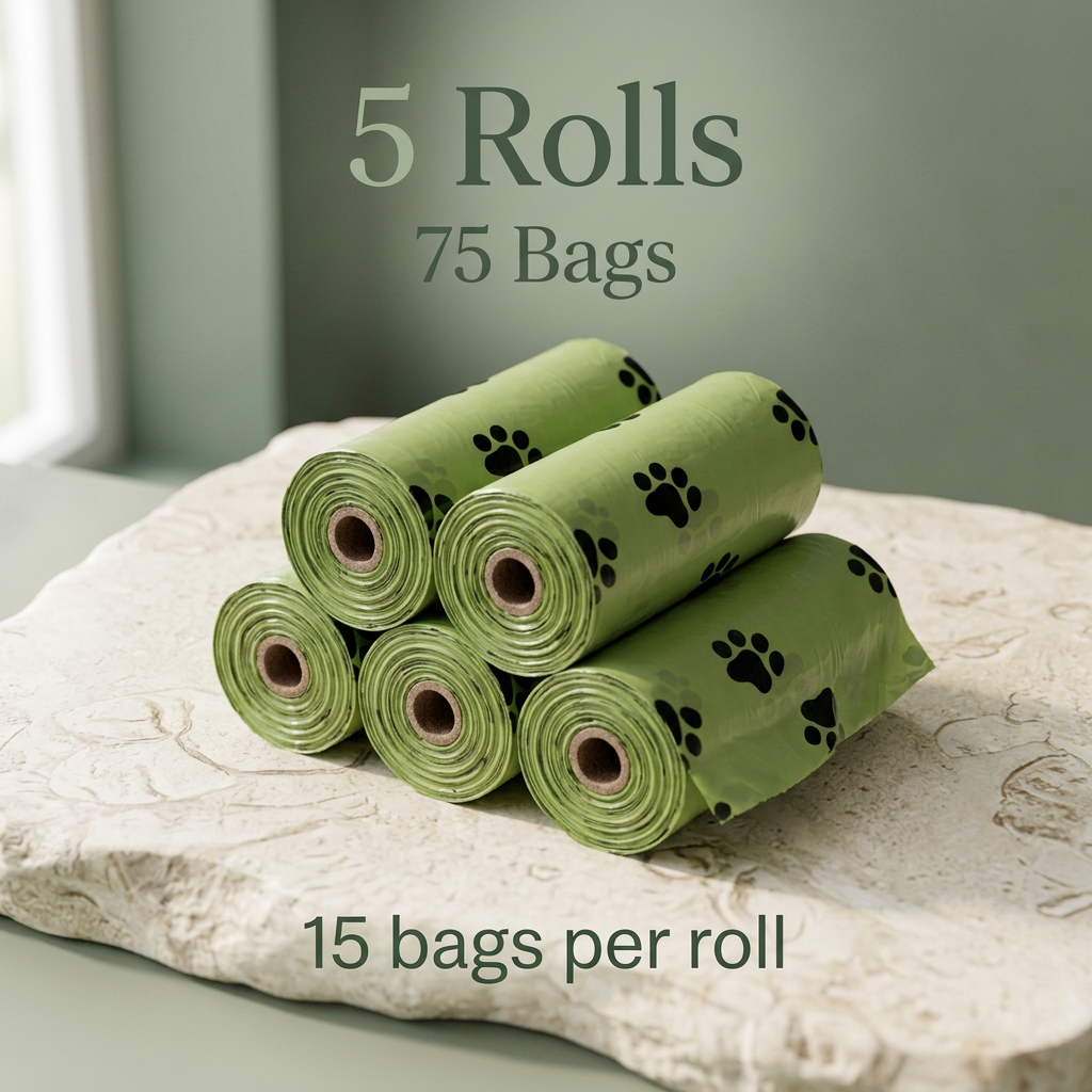 Five green paw-print waste bag rolls labeled 5 Rolls and 75 Bags, with 15 bags per roll