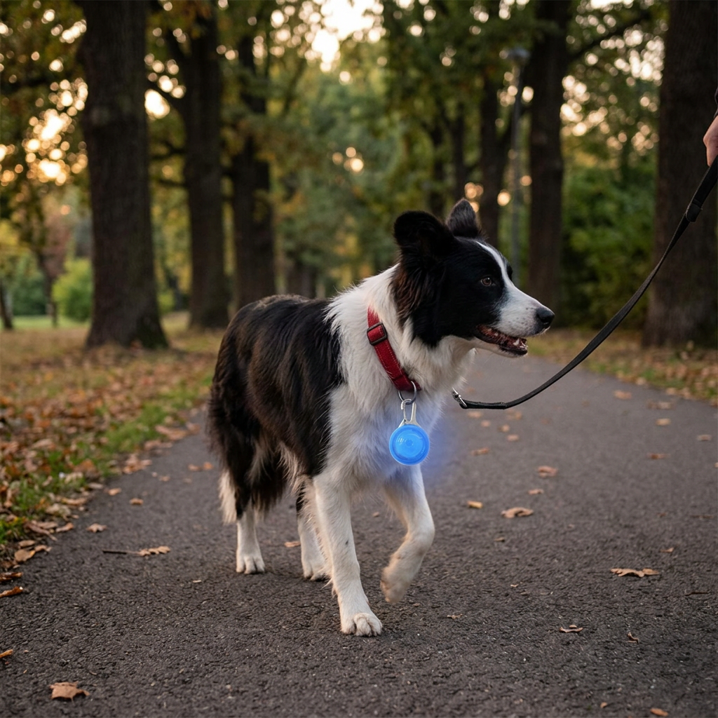 Border Collie walking with blue LED collar pendant