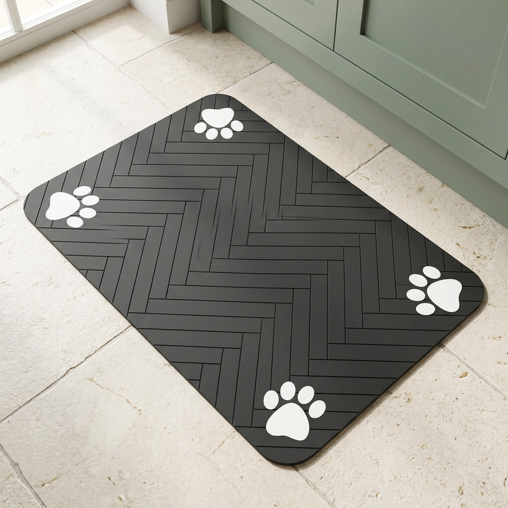 Black feeding mat with herringbone pattern and four white paw prints