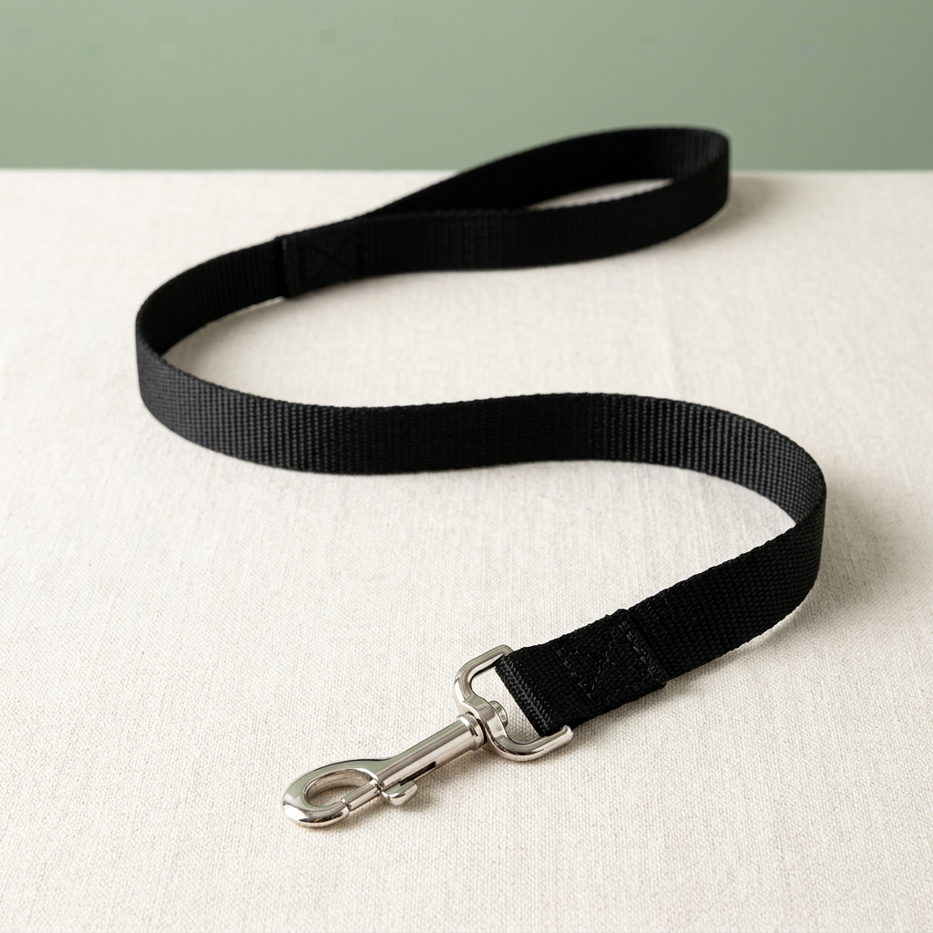 Black matching leash with one silver snap hook and loop handle