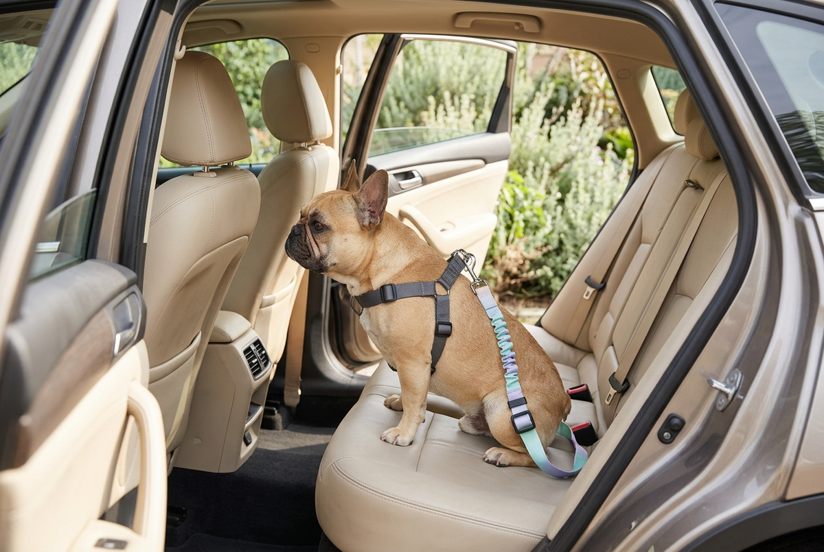 French Bulldog wearing a body harness with mint and lavender tether in a parked car