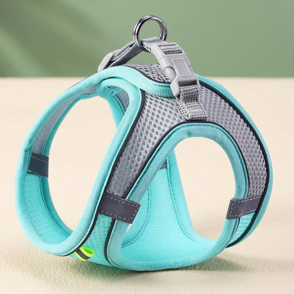 Turquoise mesh pet harness with gray buckle and metal attachment ring