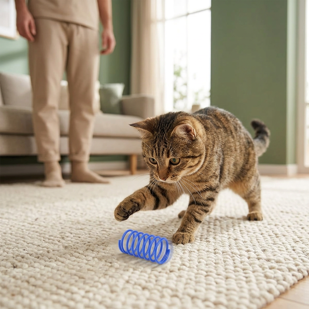 Tabby cat batting a blue spring during supervised play