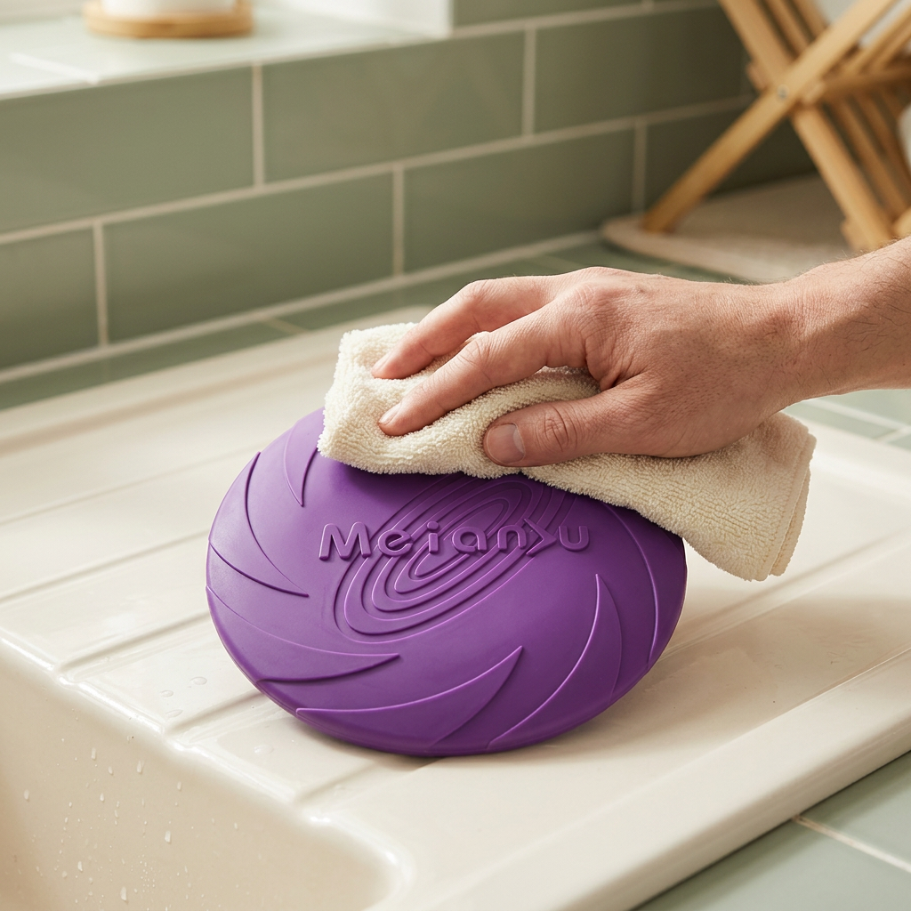 Wiping a purple flying disc with a damp cloth