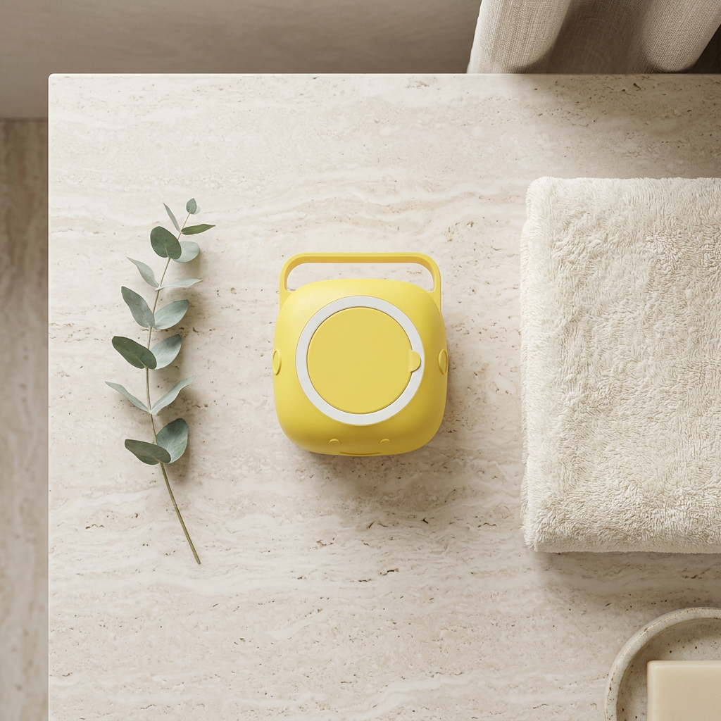 Overhead view of yellow bathing brush beside an ivory towel