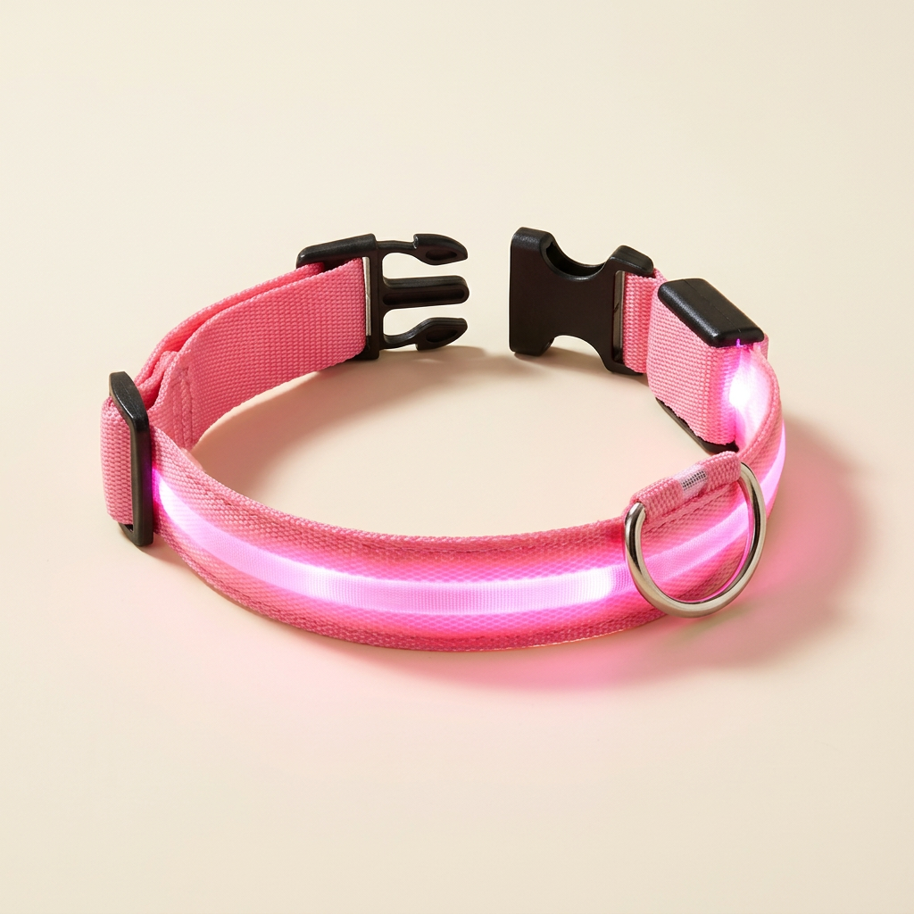 Pink LED nylon dog collar with black buckle and metal D-ring on an ivory background