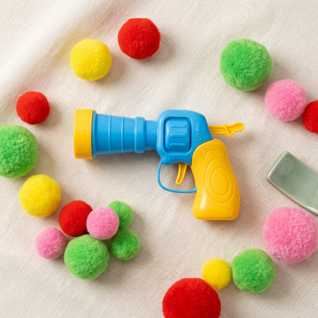 Overhead view of a blue and yellow cat ball launcher and colorful pom-poms on ivory linen