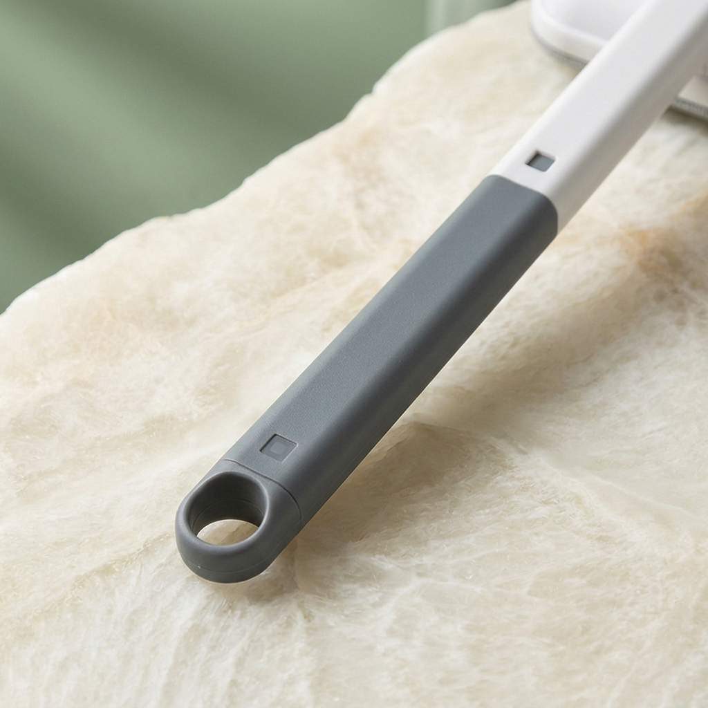 Close-up of grey brush grip and circular hanging hole