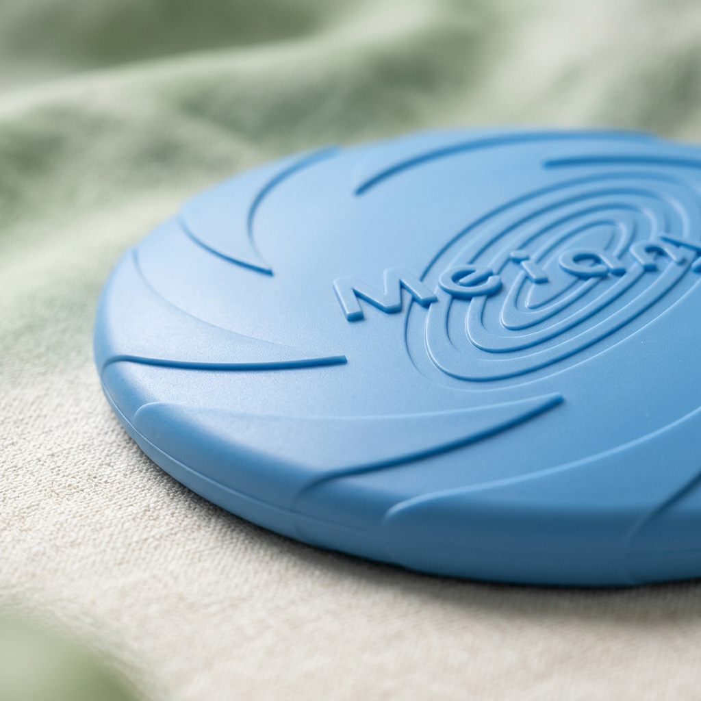 Close-up of blue disc surface grooves and rounded edge