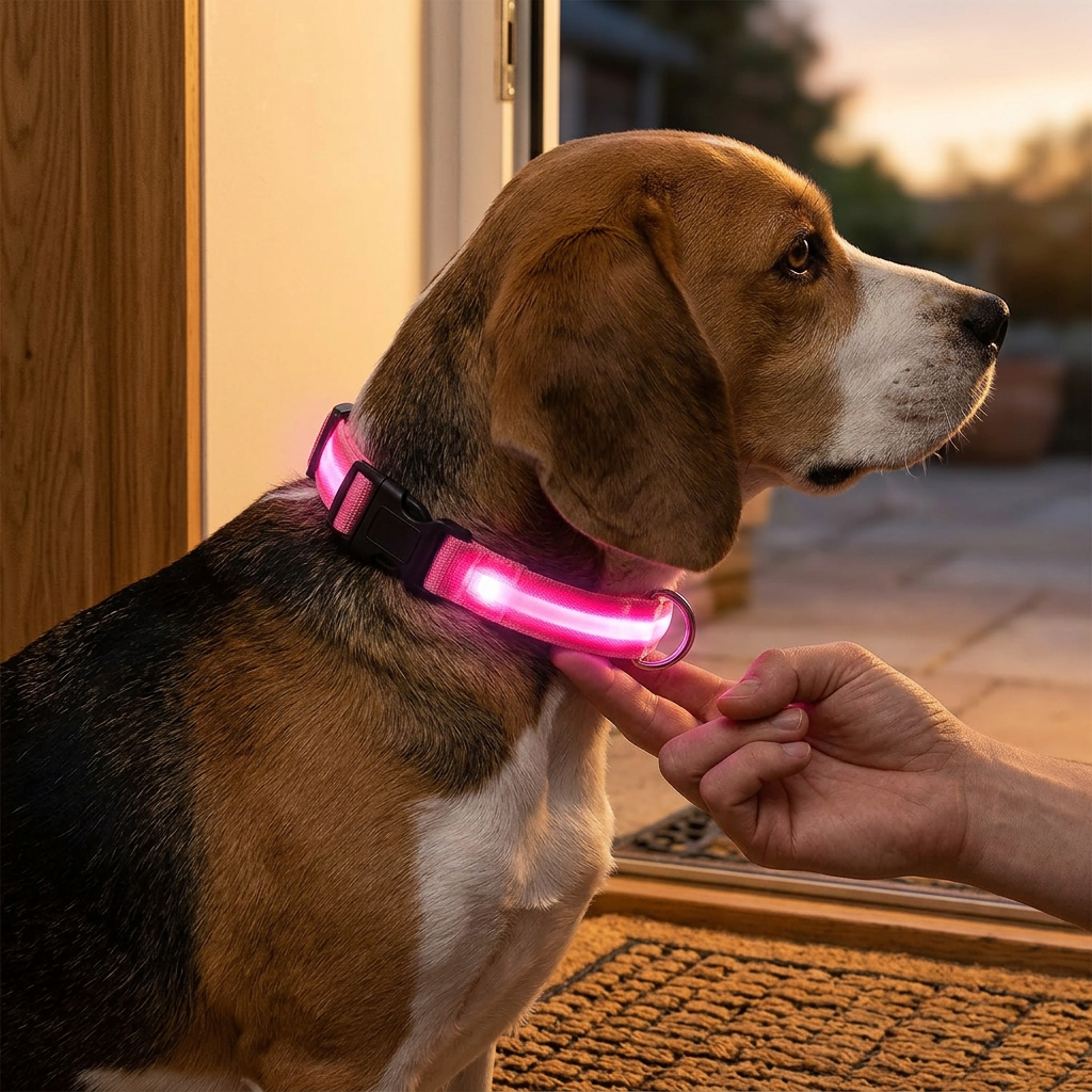 Owner checking the fit of a pink LED dog collar on a beagle